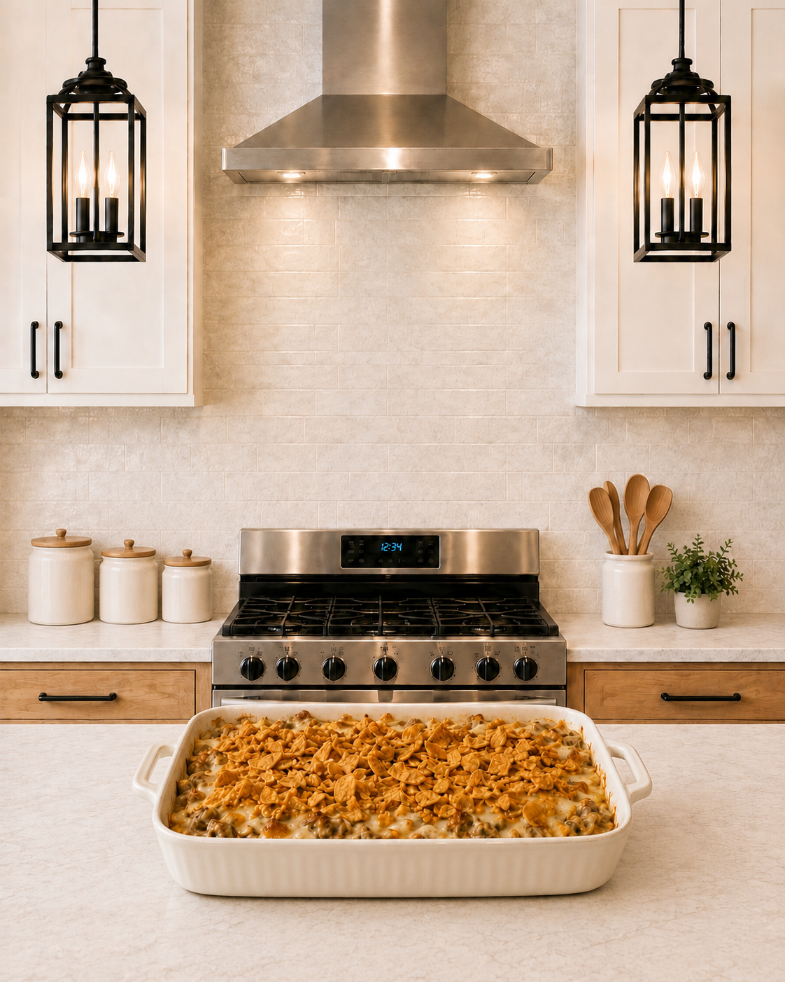 Golden casserole in a cream farmhouse kitchen