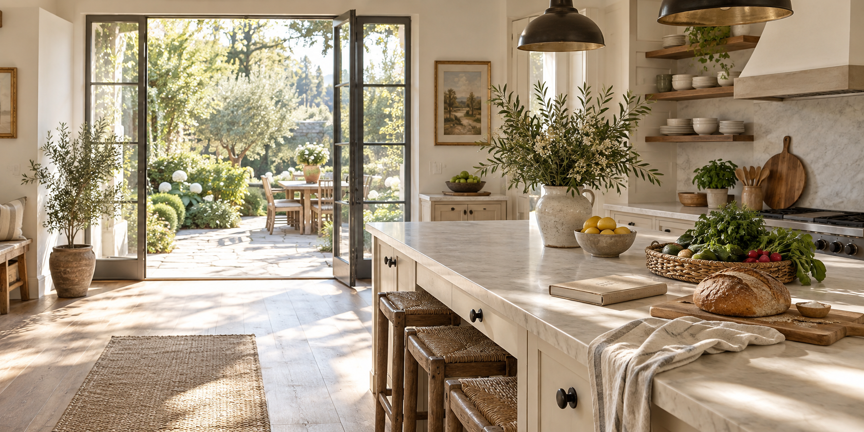 Warm cream farmhouse kitchen opening to a sunny garden