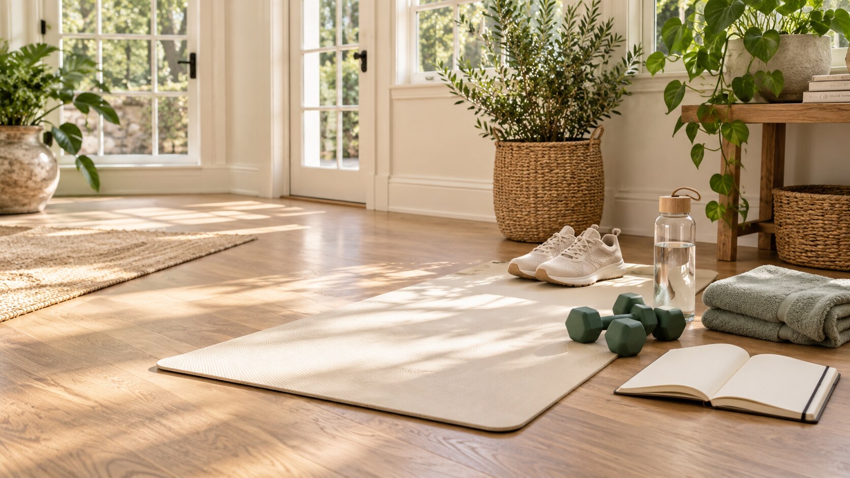 A peaceful home wellness space with a mat, walking shoes, weights, water, and greenery